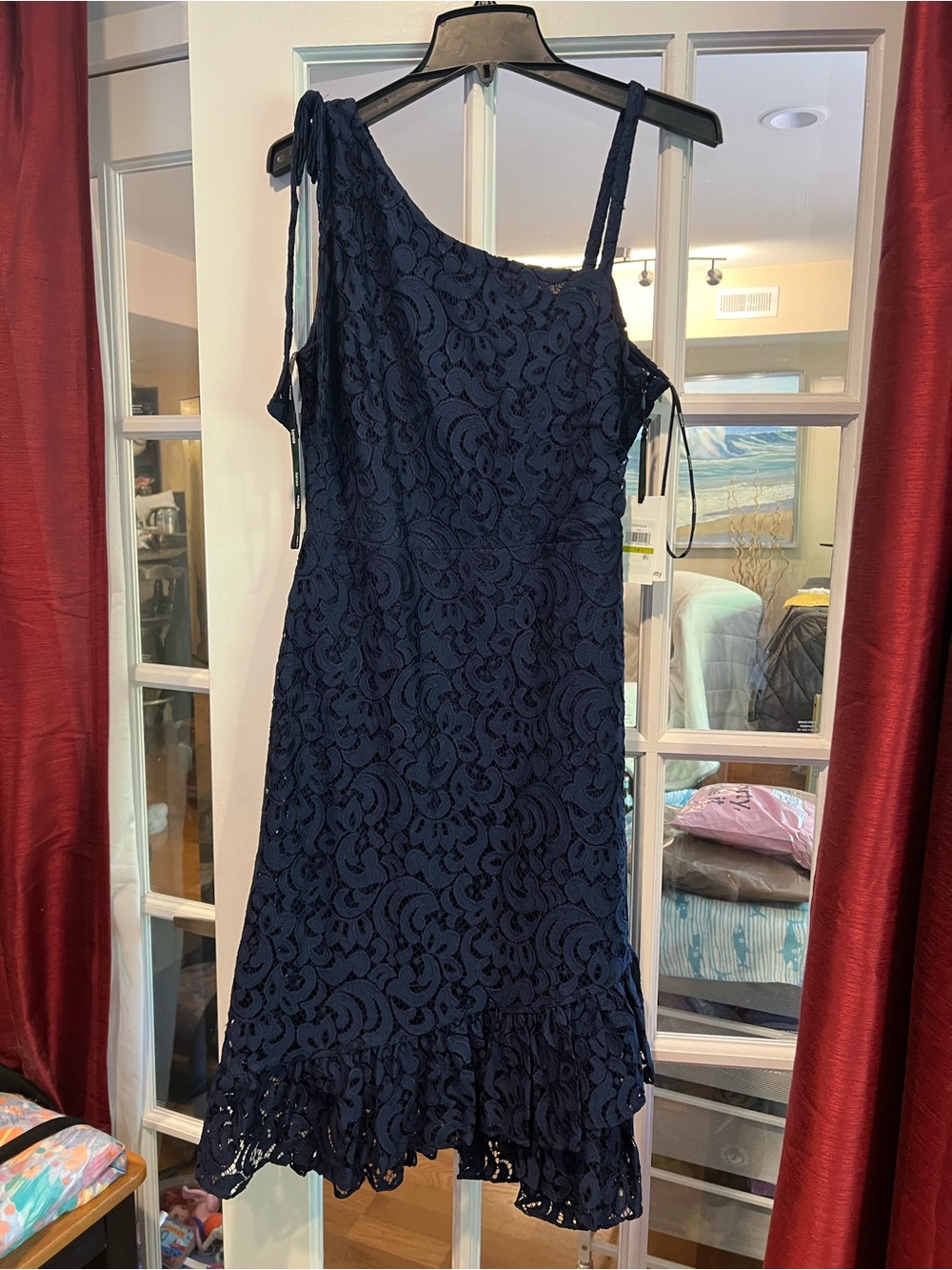 Kensie Navy One-Shoulder Lace Dress with Ruffle Hem